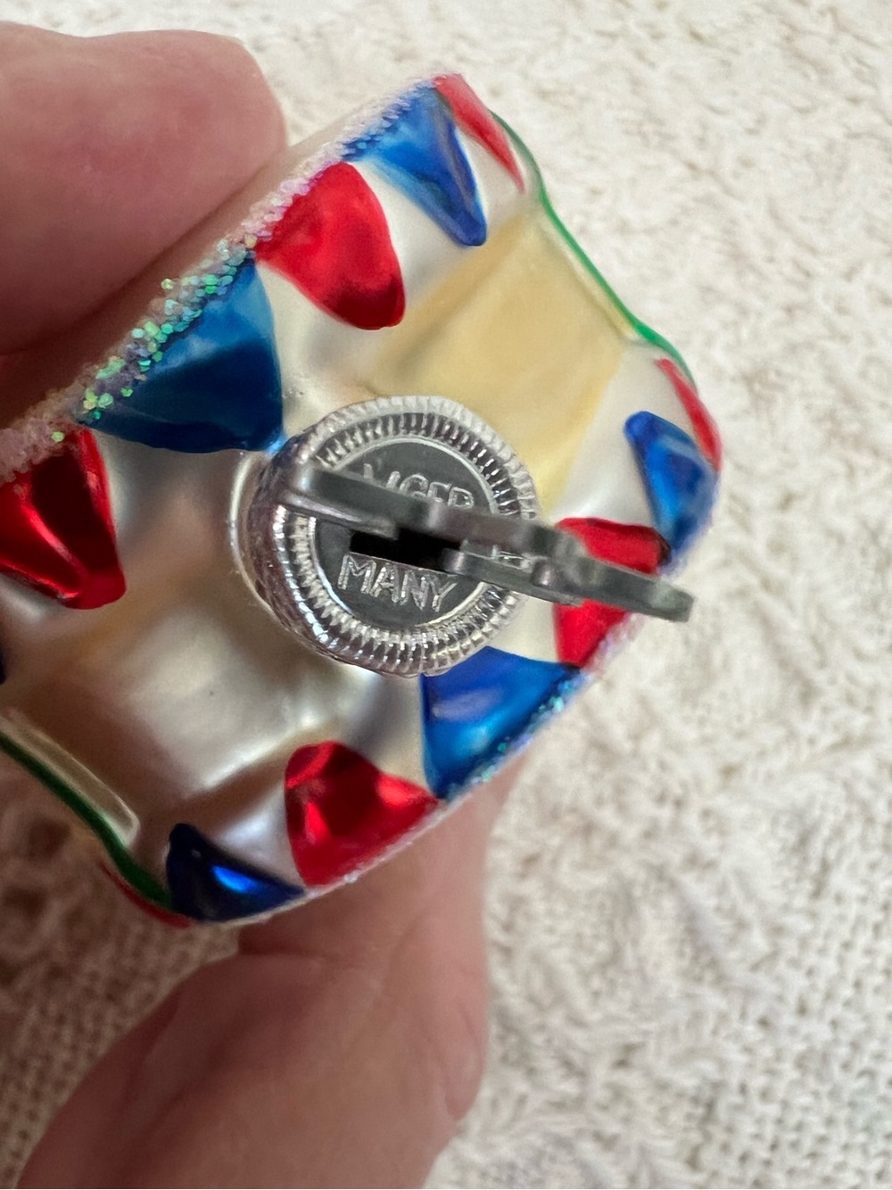 West Germany Glass Drum Christmas Ornament - Red, Gold, Green, Blue - Picture 4 of 4